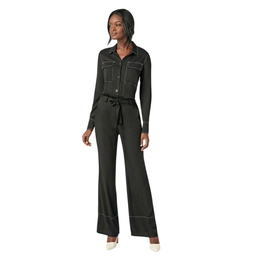 NWT JustFab Black White Contrast Stitch Workwear Corpcore Jumpsuit Size XS